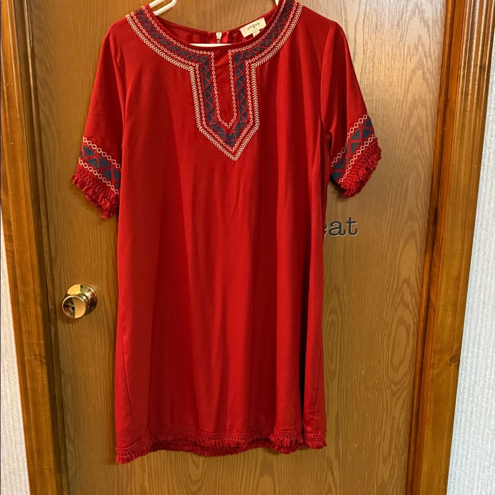 Umgee Red dress with Blue Embroidery